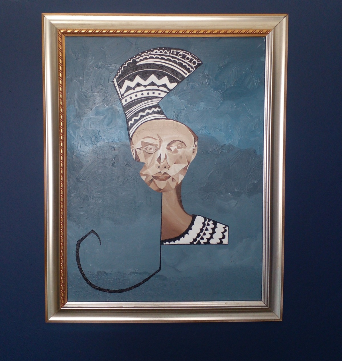 Makoti by Farook Mohammed. A portrait of a woman wearing a tall geometric crown with black and white patterns, set against a textured teal background. Acrylic on canvas, 2023.